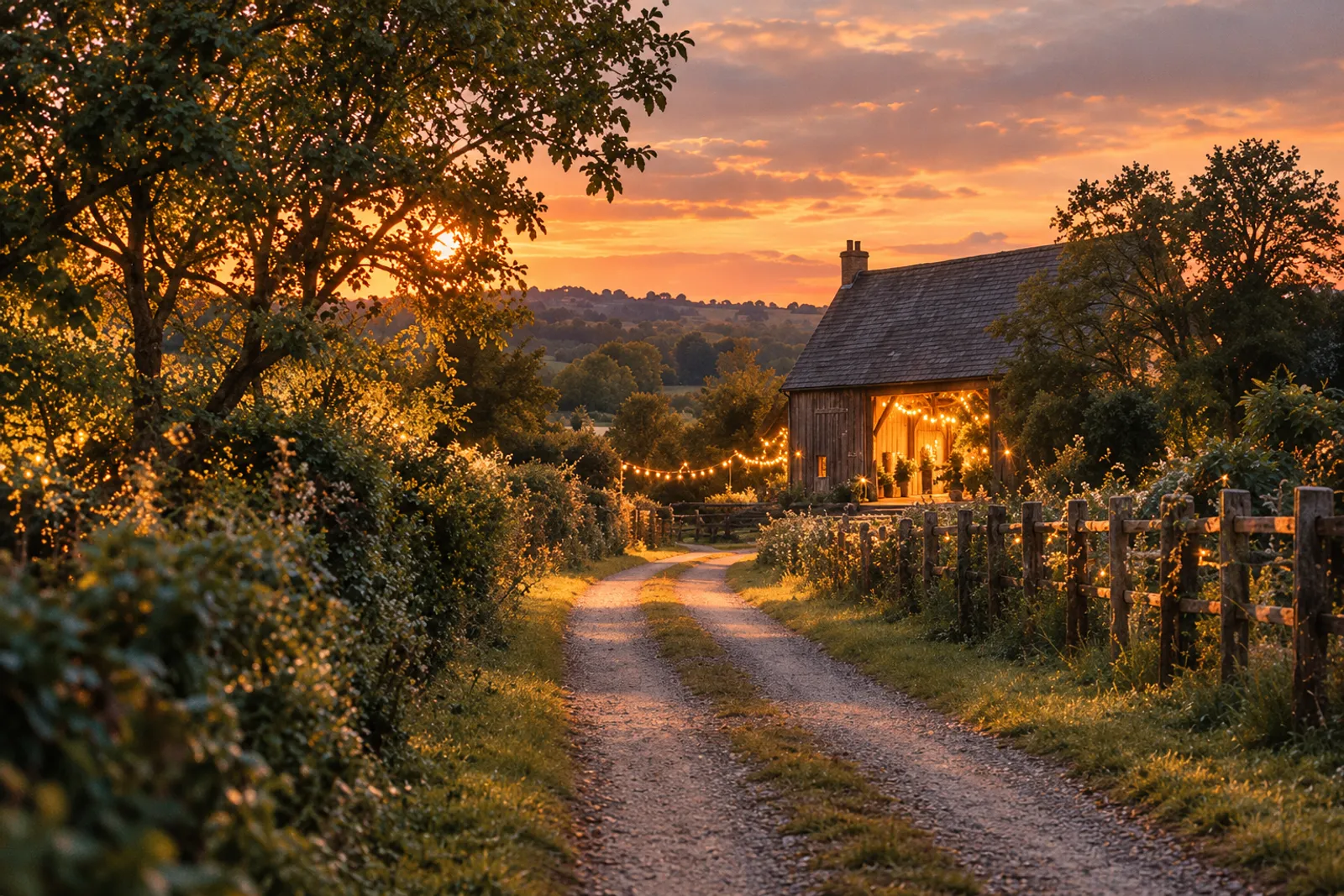 A gravel lane between hedgerows and a timber fence leading to the barn at sunset, festoon lights glowing