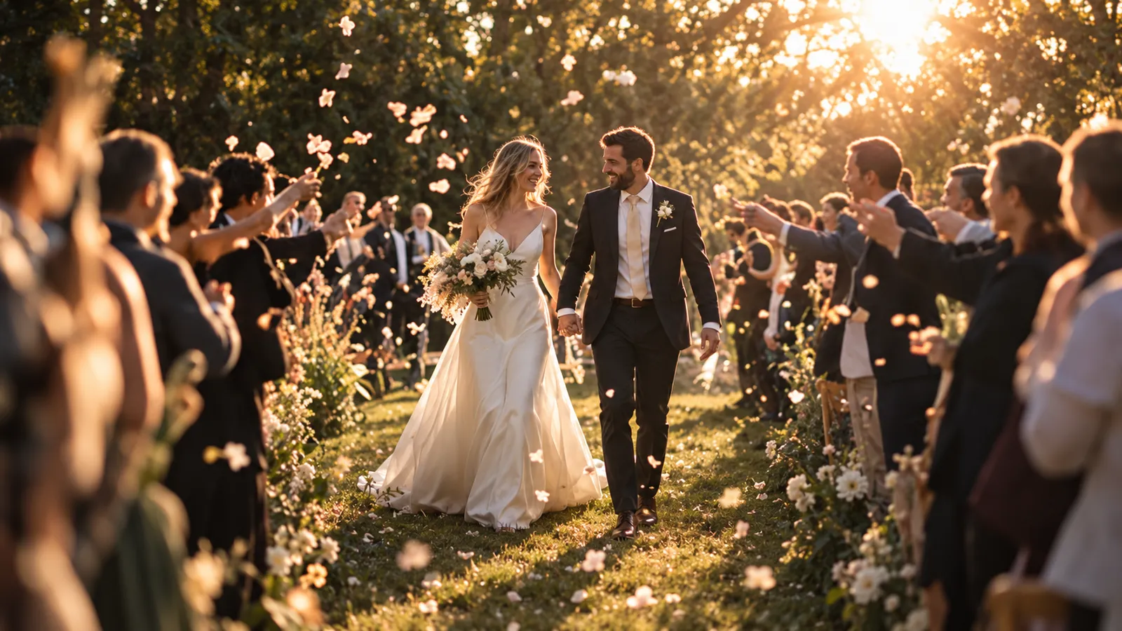 A just-married couple walking back up a grass aisle at golden hour as guests throw petals