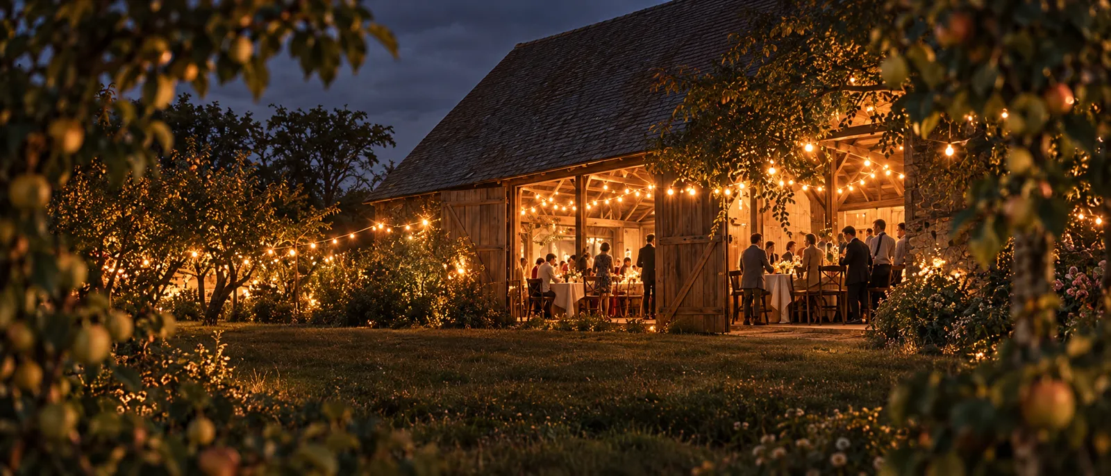 The barn at night seen from the orchard, every festoon light on and the doors open on the party inside