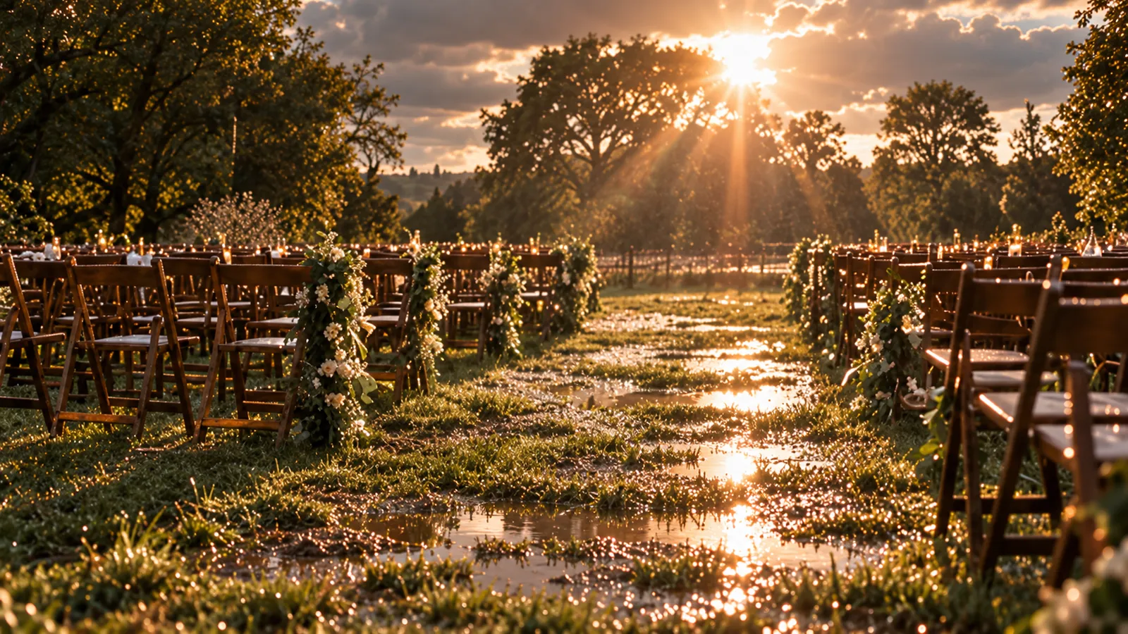 Rain-wet wooden chairs on a lawn with puddles in the aisle as the sun breaks through behind the trees