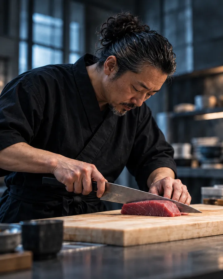 A chef with his hair tied back slicing a block of red tuna on a pale wooden board with a long knife