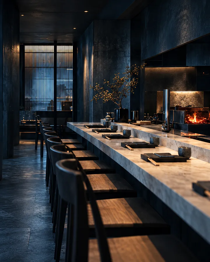 A long pale stone counter with dark stools in a dim blue restaurant, place settings along it and a grill glowing at the far end