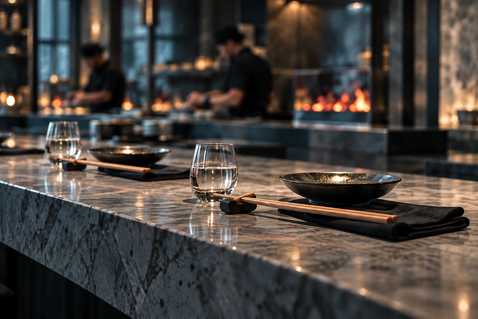 Two place settings on a stone counter, a glass and chopsticks on a dark napkin, cooks and the grill blurred behind