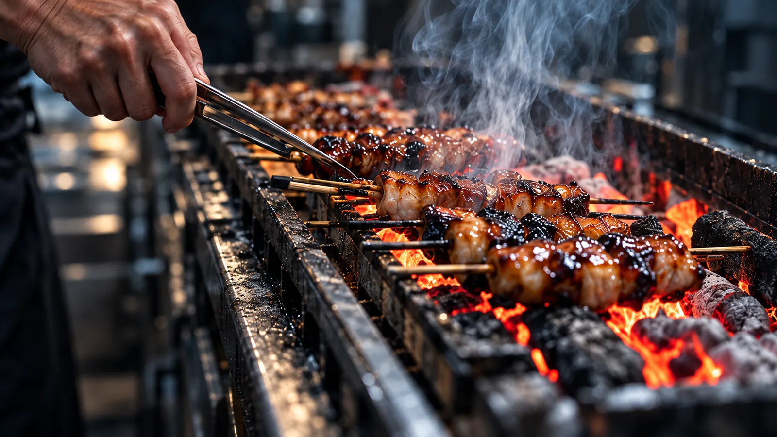 Glazed skewers over glowing binchotan on a long steel grill, smoke rising as a cook turns them with tongs
