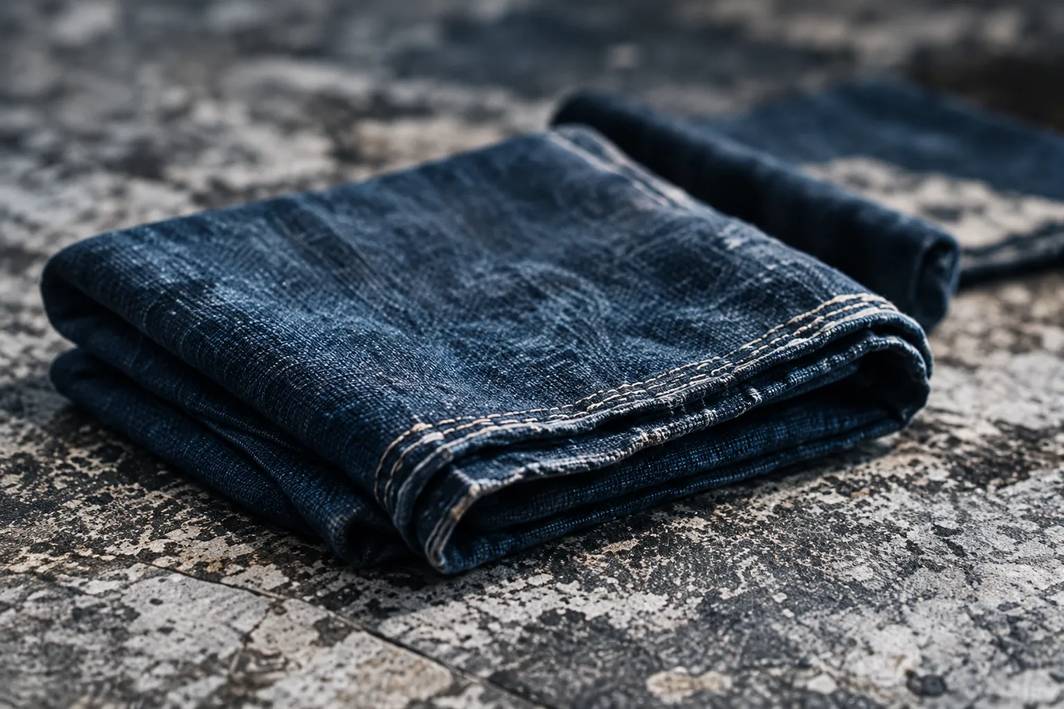 A folded indigo linen napkin on a grey speckled stone surface