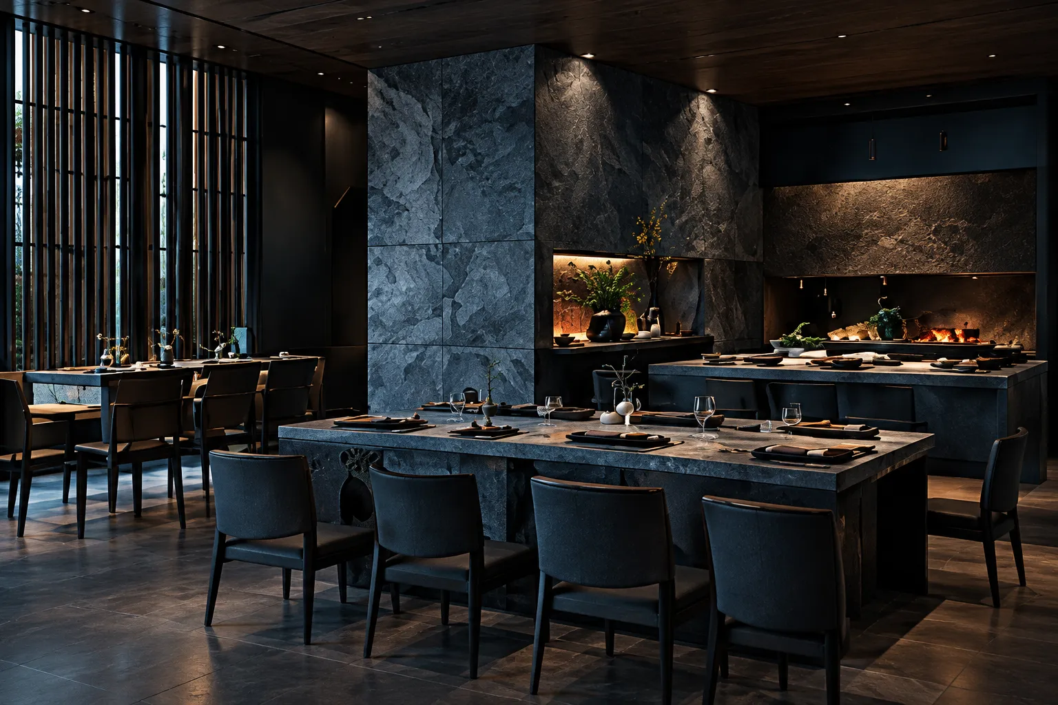 The whole dining room empty and laid for the evening: long dark tables, a stone pillar and the open kitchen behind