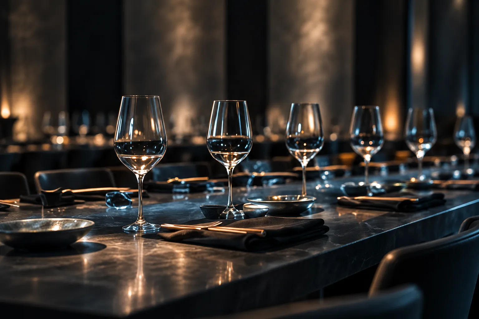 Rows of wine glasses and laid places along a long dark stone table