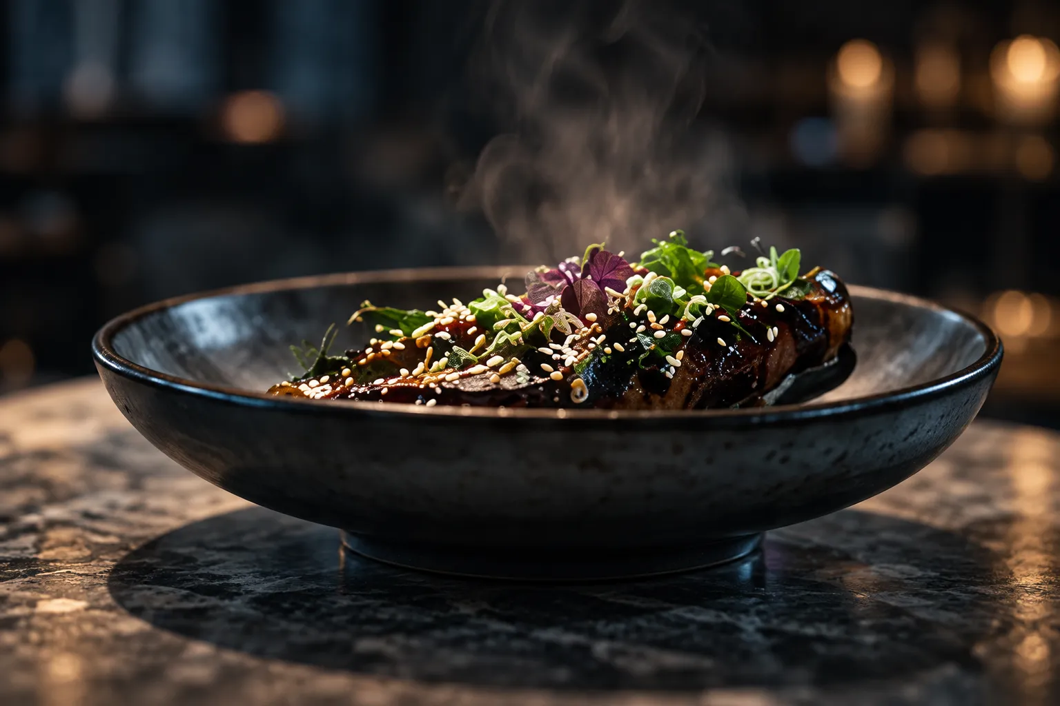 Lacquered aubergine with sesame and herbs in a wide dark bowl, steam rising