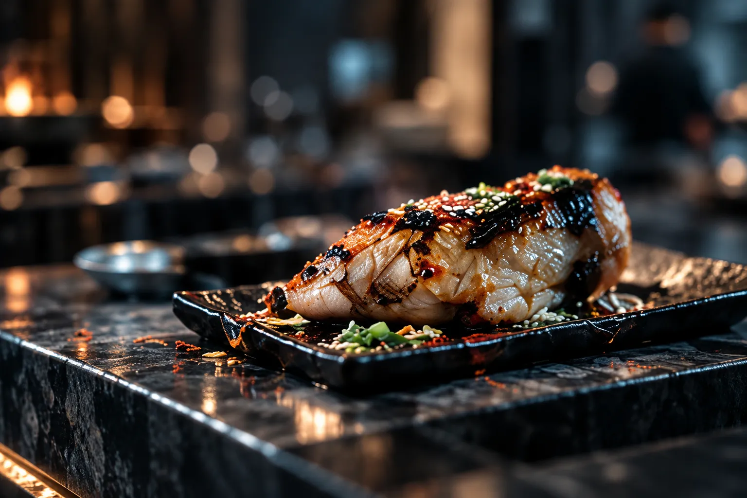 A glazed, charred piece of grilled fish on a dark plate on a stone counter