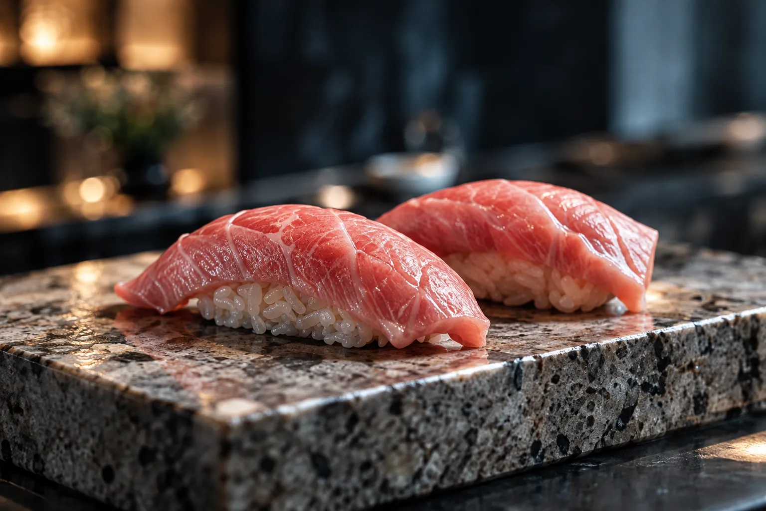 Two pieces of tuna nigiri on a speckled grey stone slab in a dark room