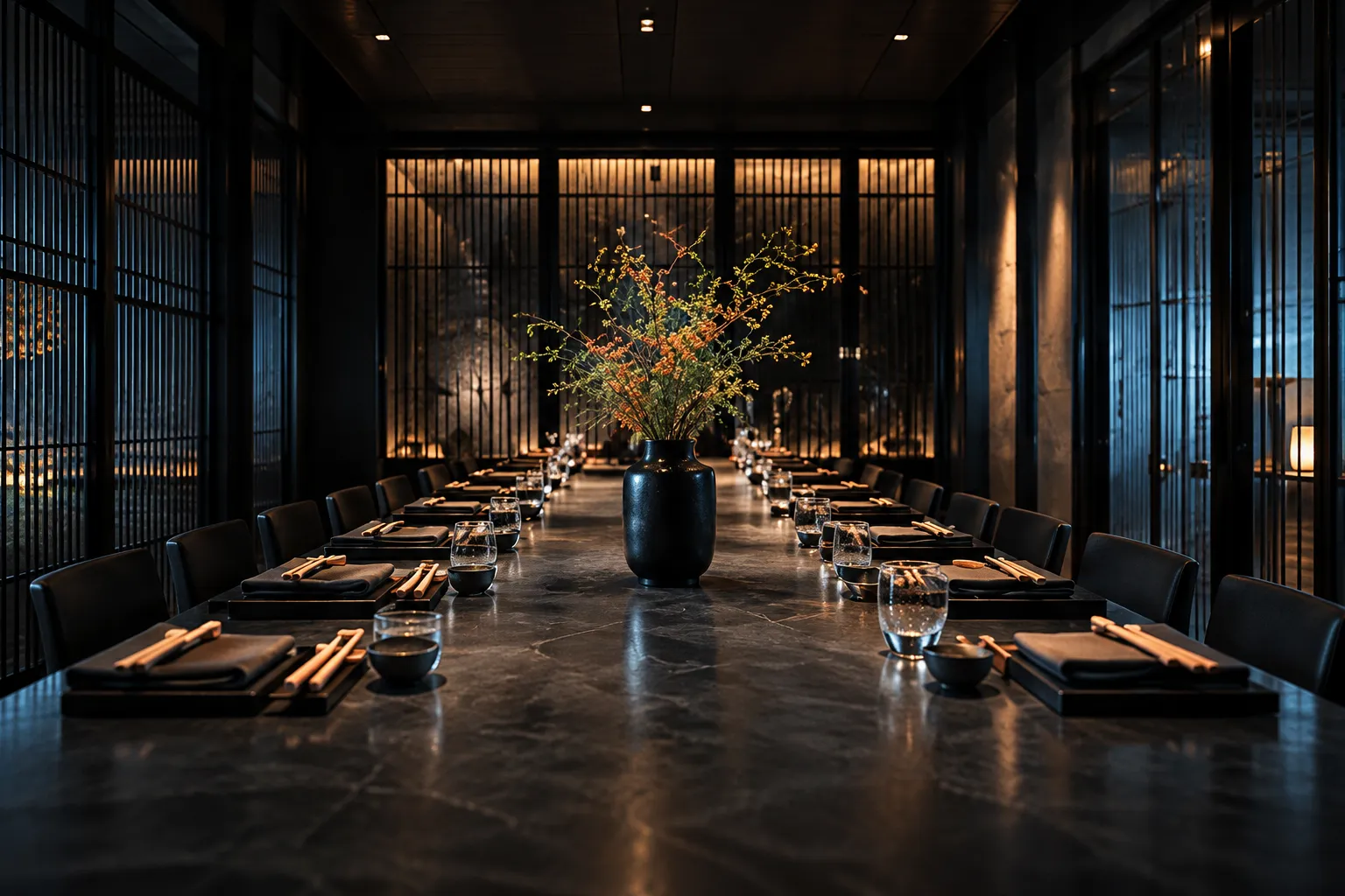 A long private dining table laid with dark napkins and chopsticks under a branch arrangement, timber screens on both sides