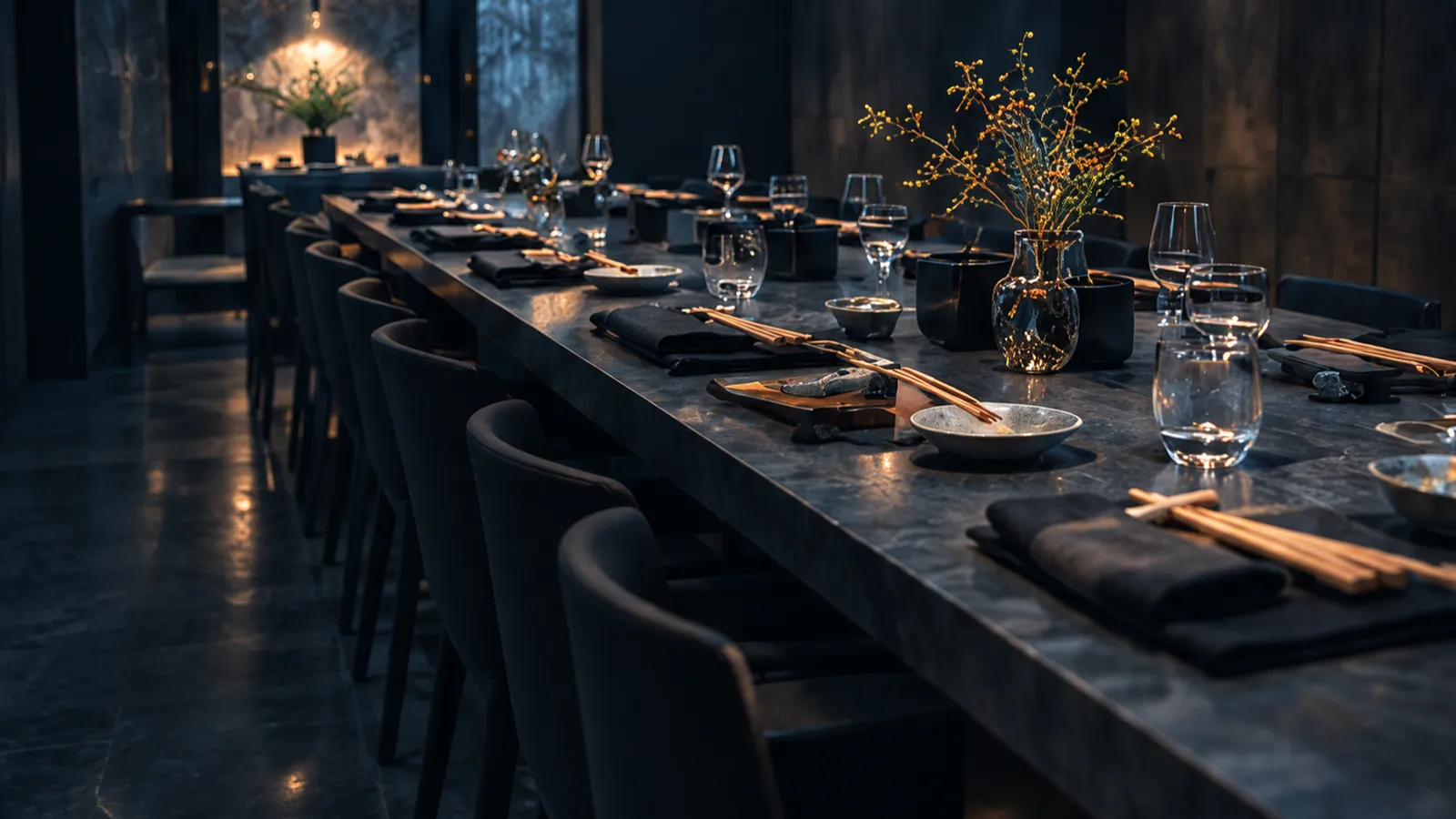A long table laid for a dinner party in a dark room, glasses and branch arrangements down its length