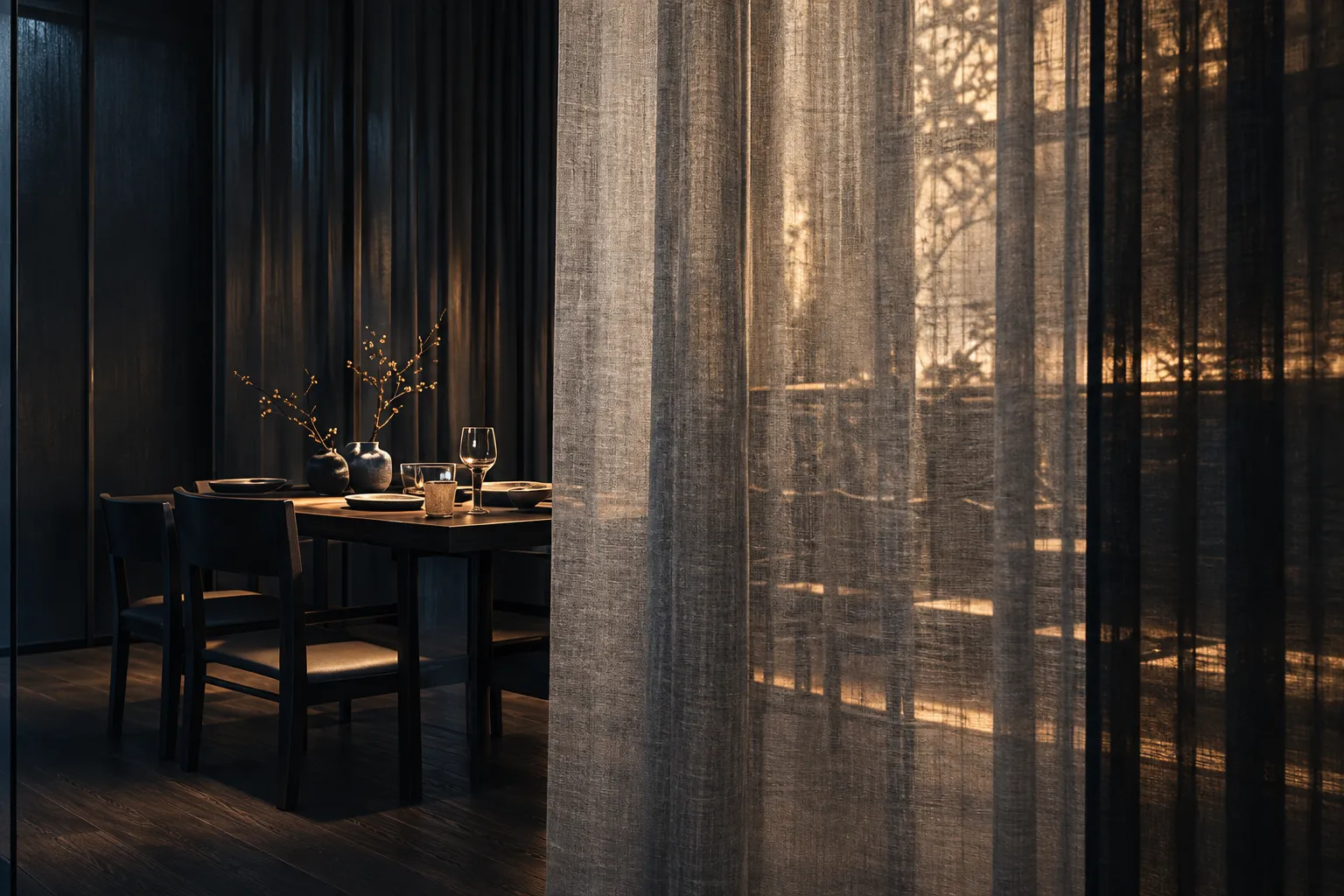 A quiet dining room after service, a laid table half hidden behind a sheer curtain in warm low light