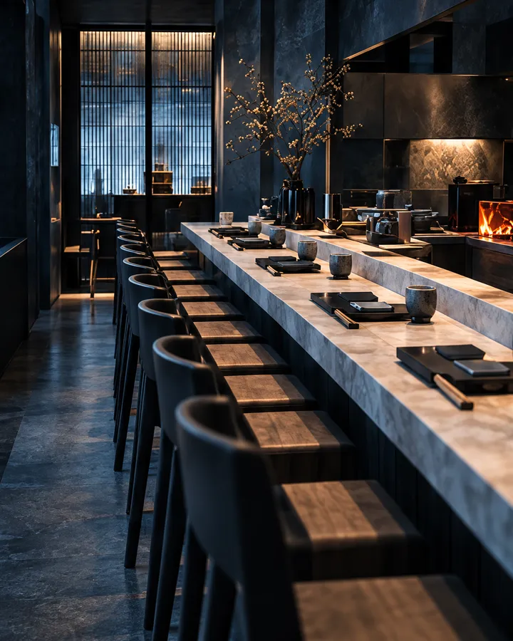 The sushi counter seen from its end at night: dark stools, place settings on pale stone, a branch arrangement and the grill behind