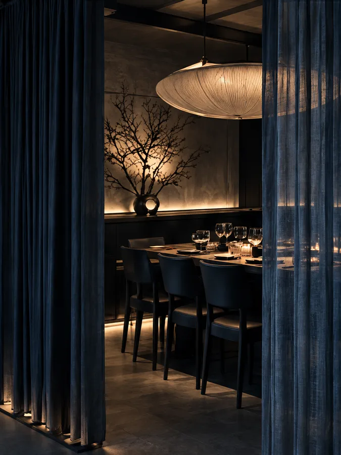 A private dining room glimpsed between heavy blue curtains, a table laid under a paper pendant lamp