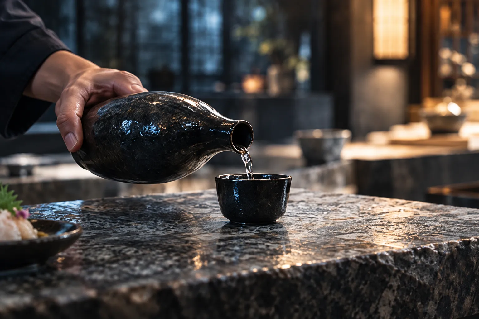 A hand pouring sake from a dark glazed flask into a small black cup on a stone counter