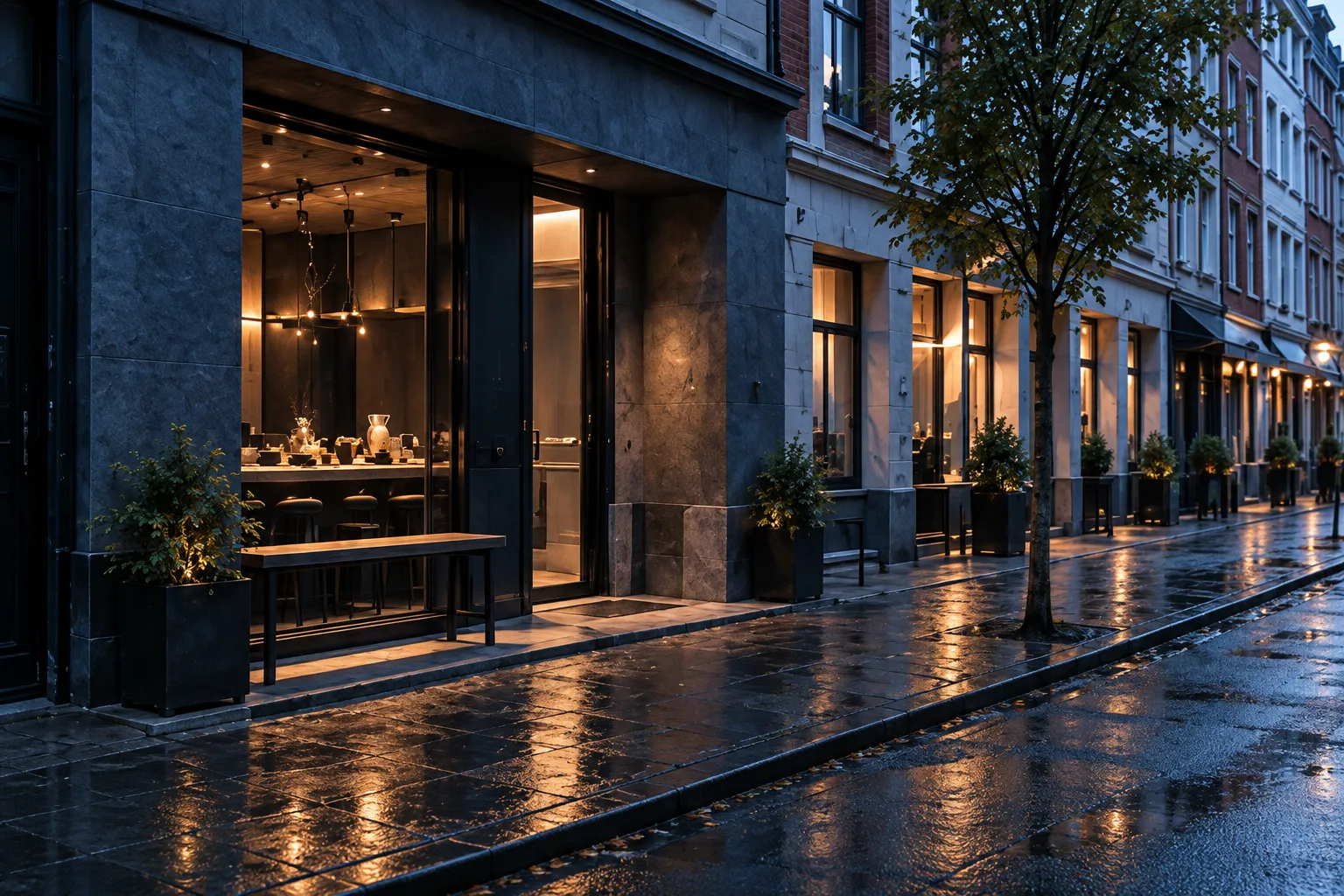 A restaurant front of dark stone on a wet street at dusk, its glass doors glowing warm and trees along the pavement