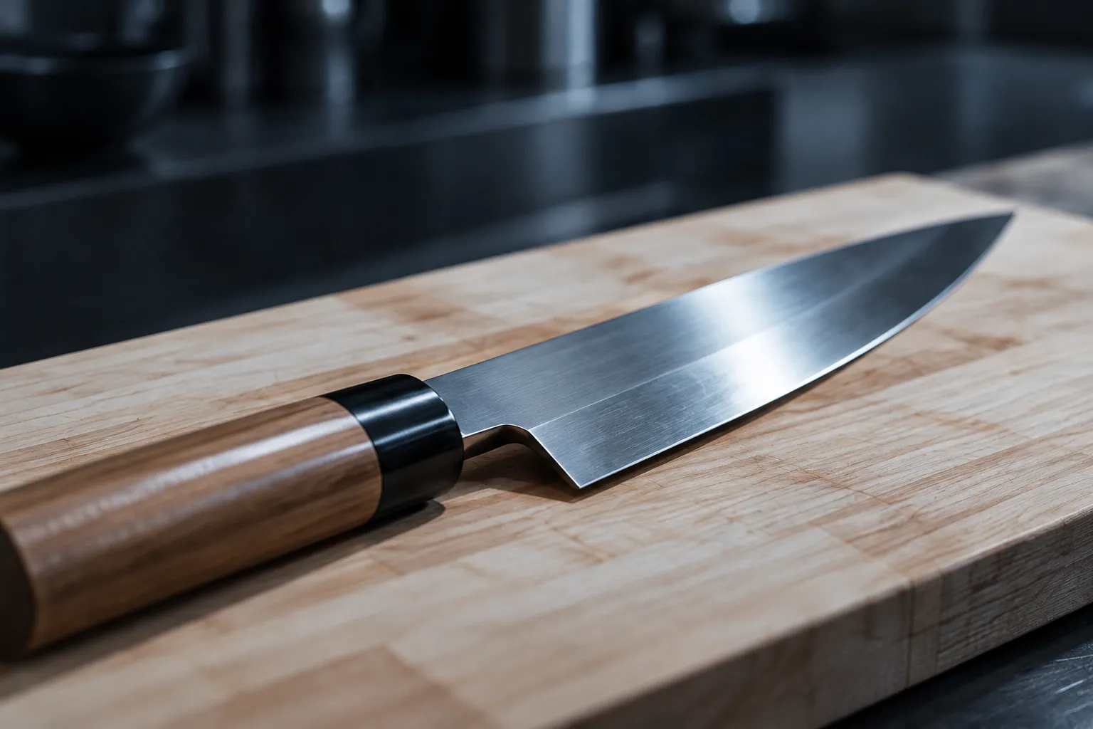 A sushi knife with a wooden handle lying on a pale wooden board