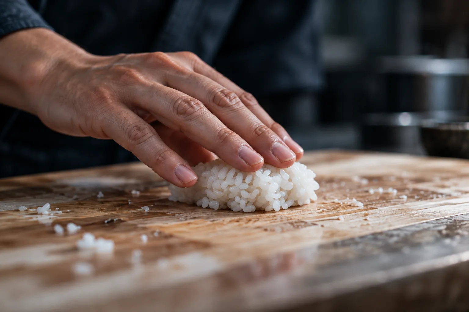 A hand pressing a mound of sushi rice on a wooden board