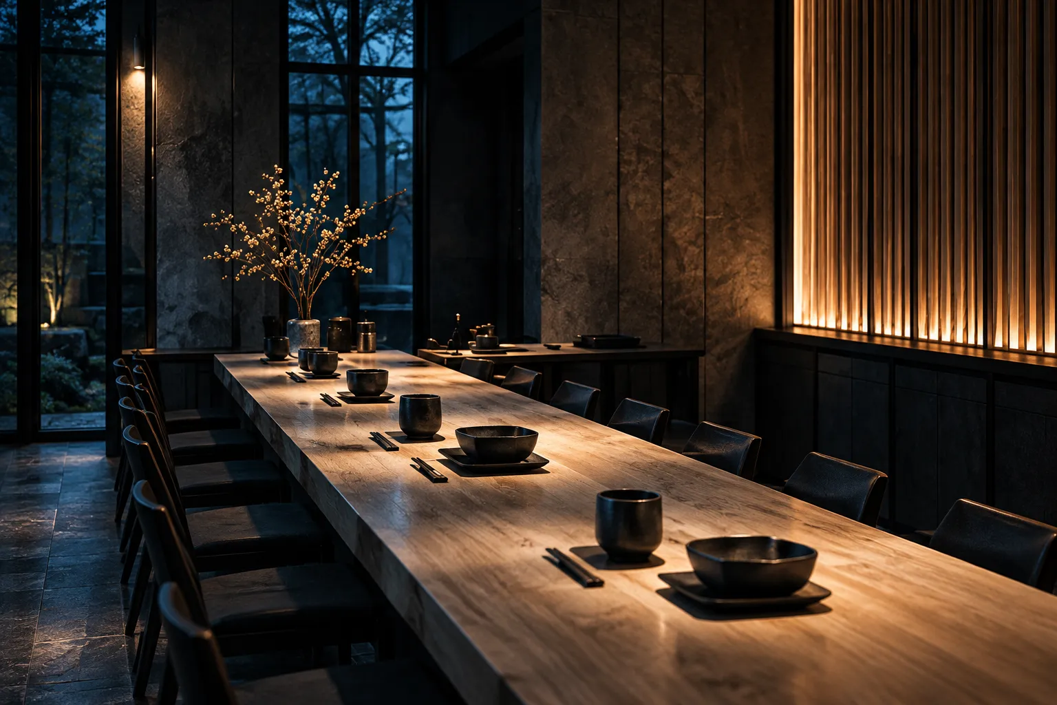 A long timber table laid with small dark bowls in a quiet room lit by warm wall slats