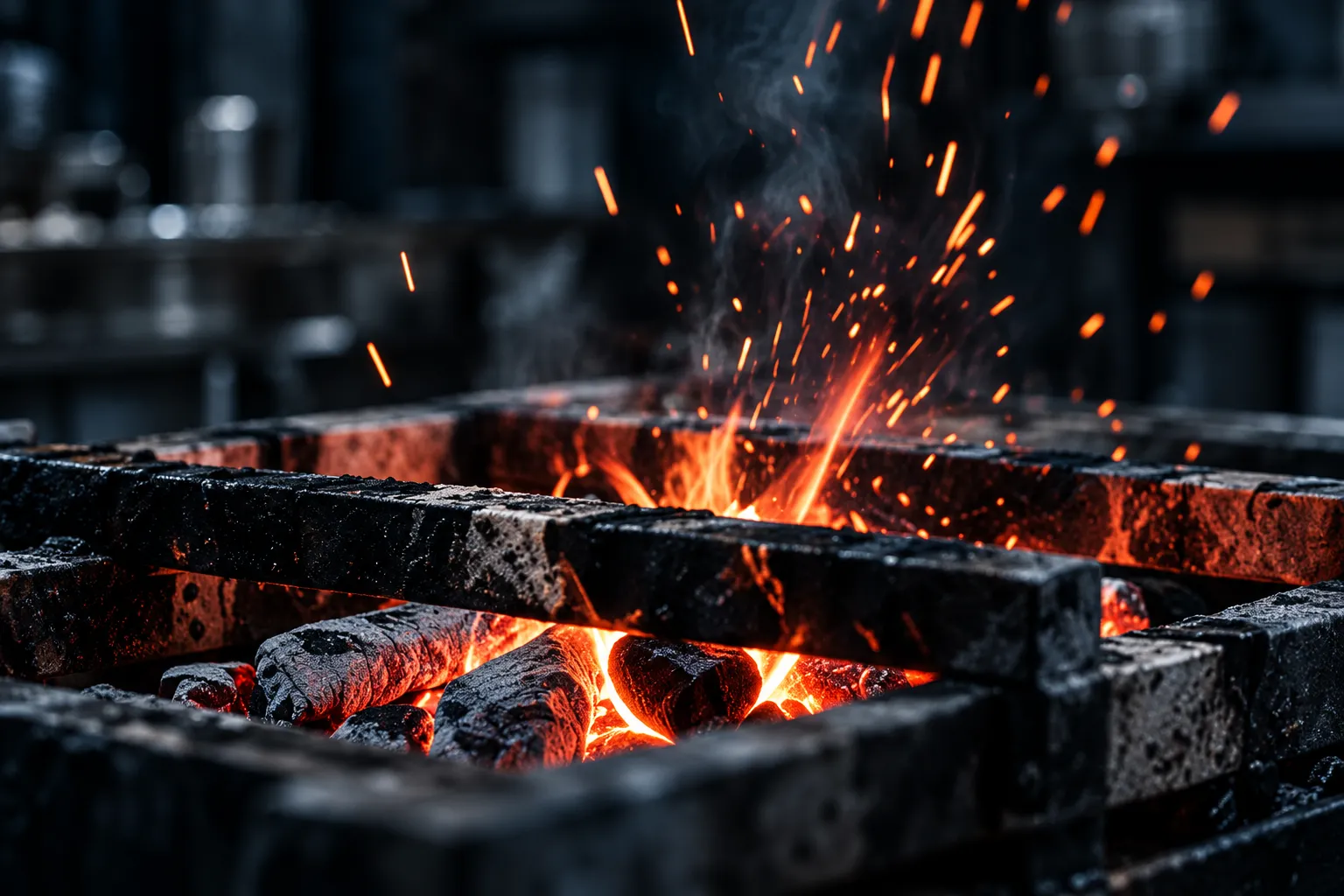 Glowing binchotan in a grill with sparks flying up