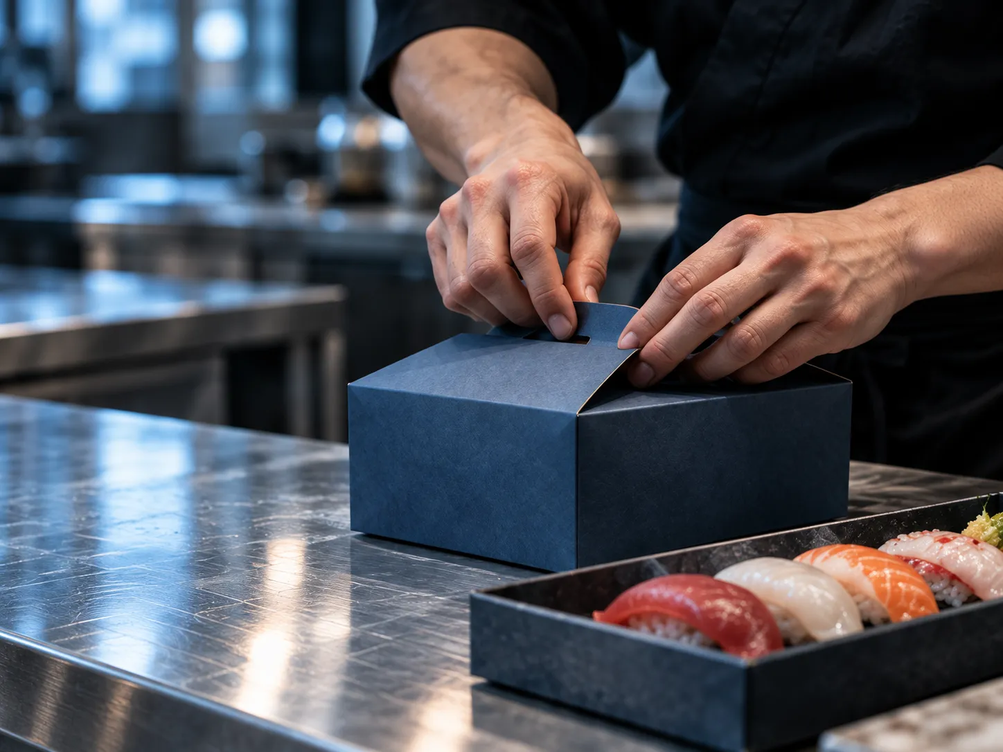 A cook's hands folding the lid of a plain dark blue takeaway box on a steel counter beside a tray of nigiri