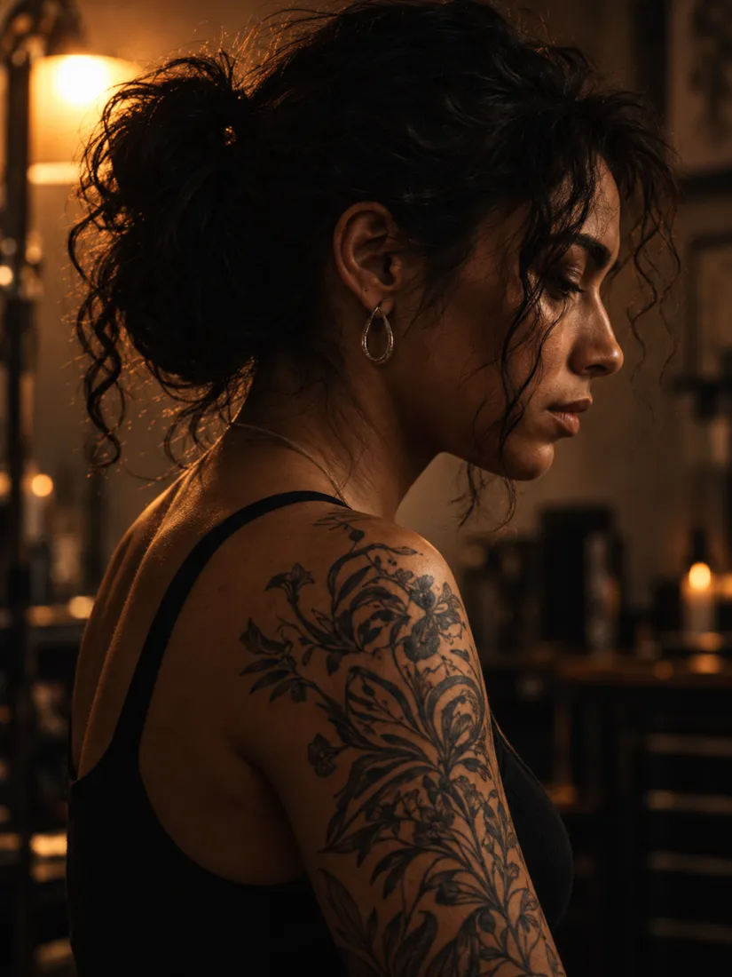 Juno Okafor in profile, dark hair tied up, a fine-line botanical tattoo across her shoulder