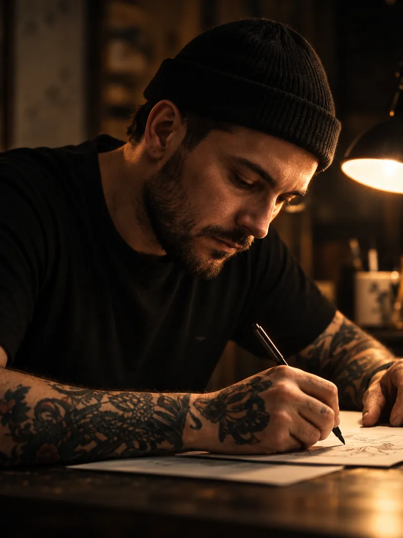 Luca Brenner in a black beanie, drawing at a table with tattooed forearms