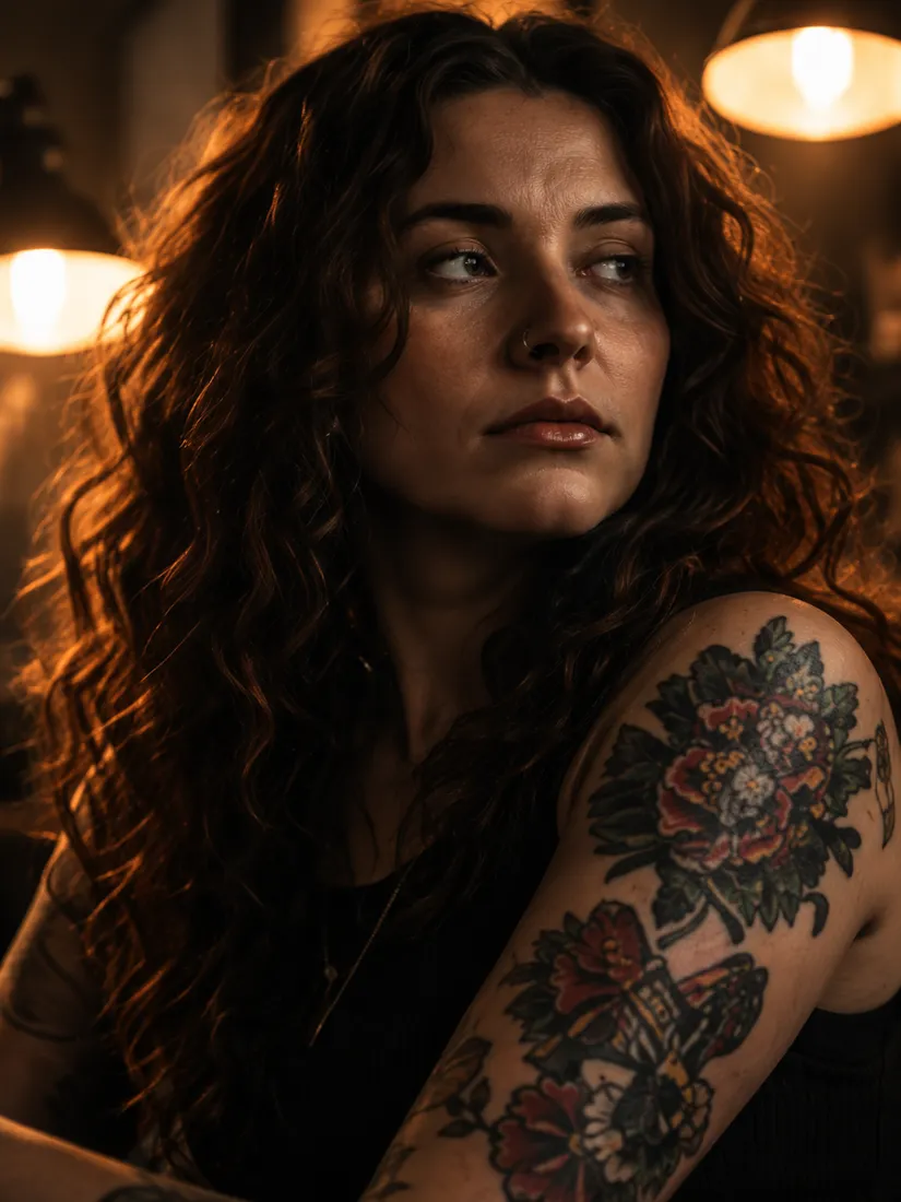Maddie Croft with long curly auburn hair and a colourful flower tattoo on her upper arm
