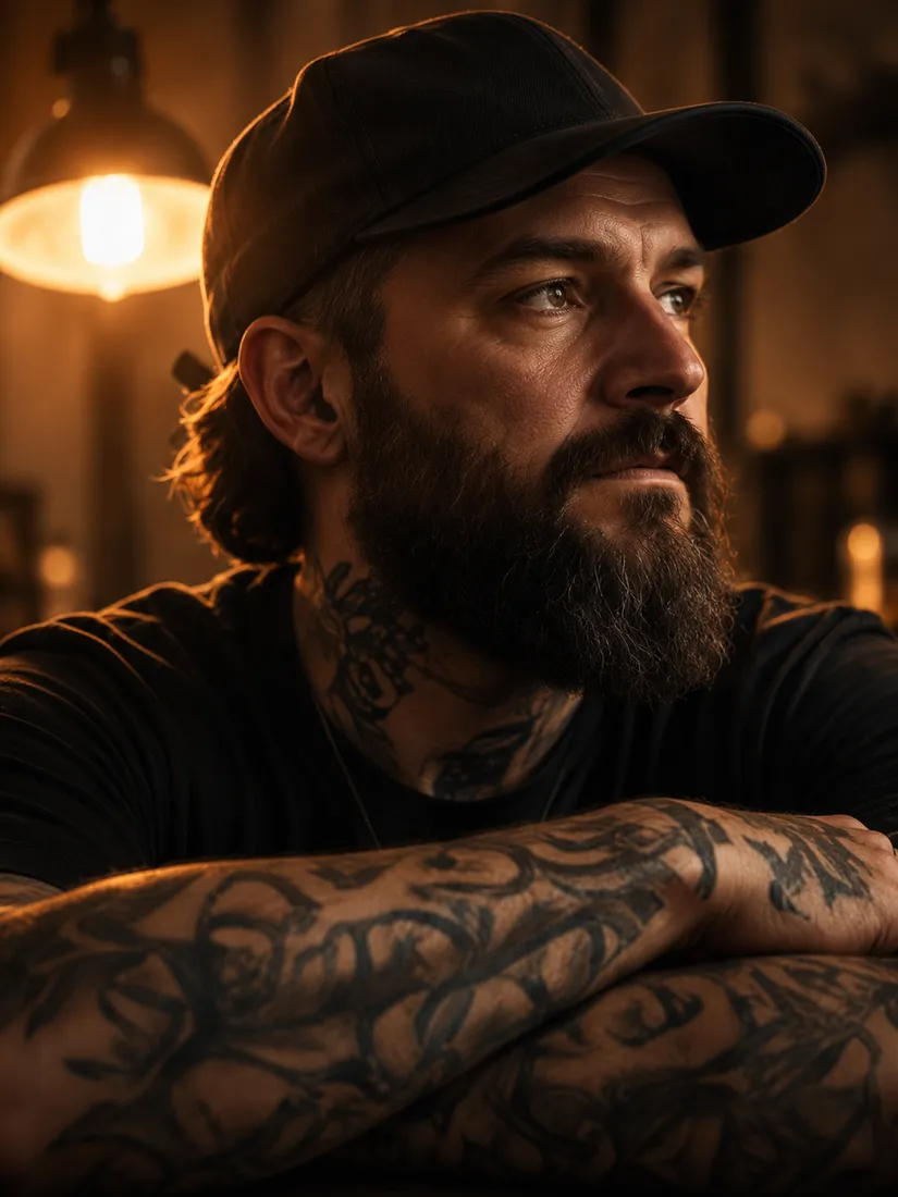 Ray Callow, bearded, in a dark cap, heavily tattooed arms folded, under a warm lamp
