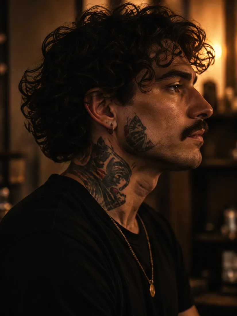 Sol Marquez in profile with curly dark hair, a moustache and a tattoo on his neck