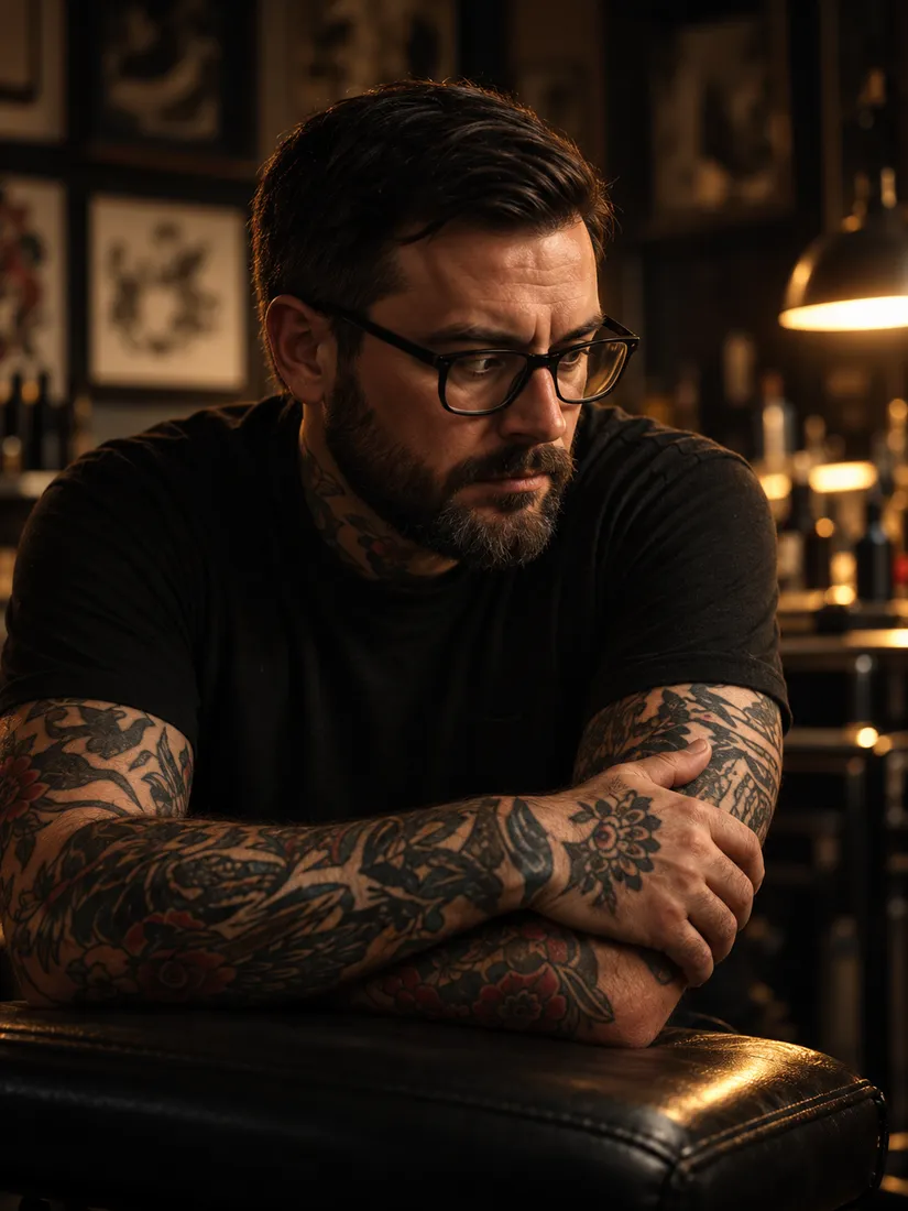 Teo Vass in glasses and a black T-shirt, tattooed forearms folded on a leather bench
