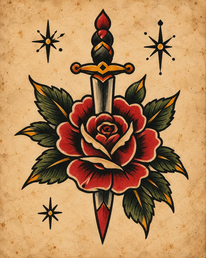 Traditional flash sheet of a dagger plunged through a red rose with leaves and sparkles