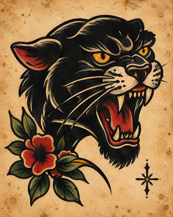 Traditional flash sheet of a roaring black panther head above red flowers