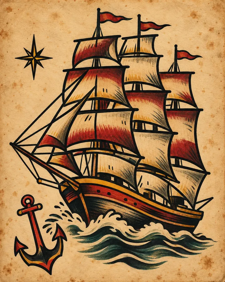Traditional flash sheet of a red-sailed clipper ship on stylised waves with an anchor
