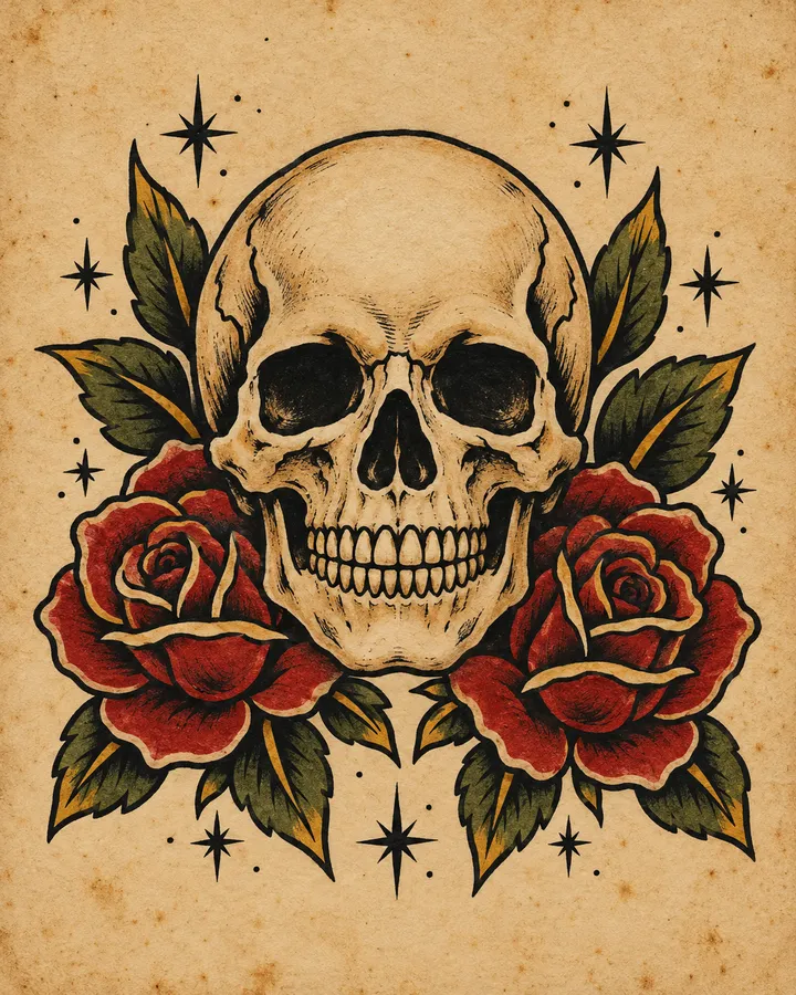 Traditional flash sheet of a skull resting on two red roses with leaves and sparkles
