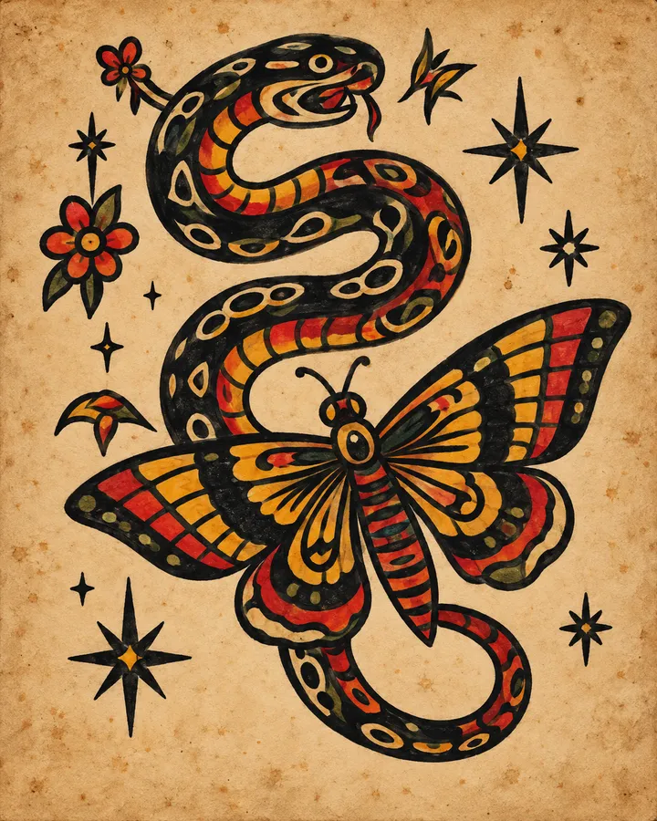 Traditional flash sheet of a red-and-black snake coiled around a mustard moth