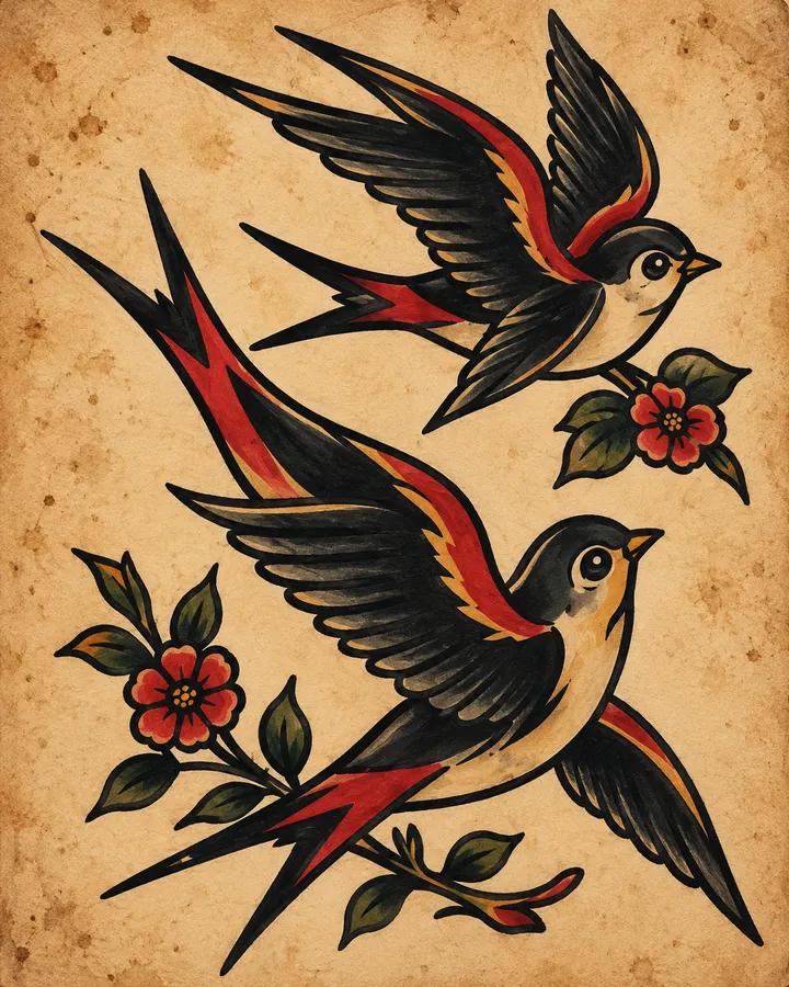Traditional flash sheet of two swallows diving among small red flowers on aged paper