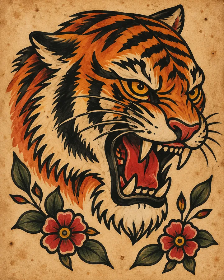 Traditional flash sheet of a roaring orange tiger head above red flowers