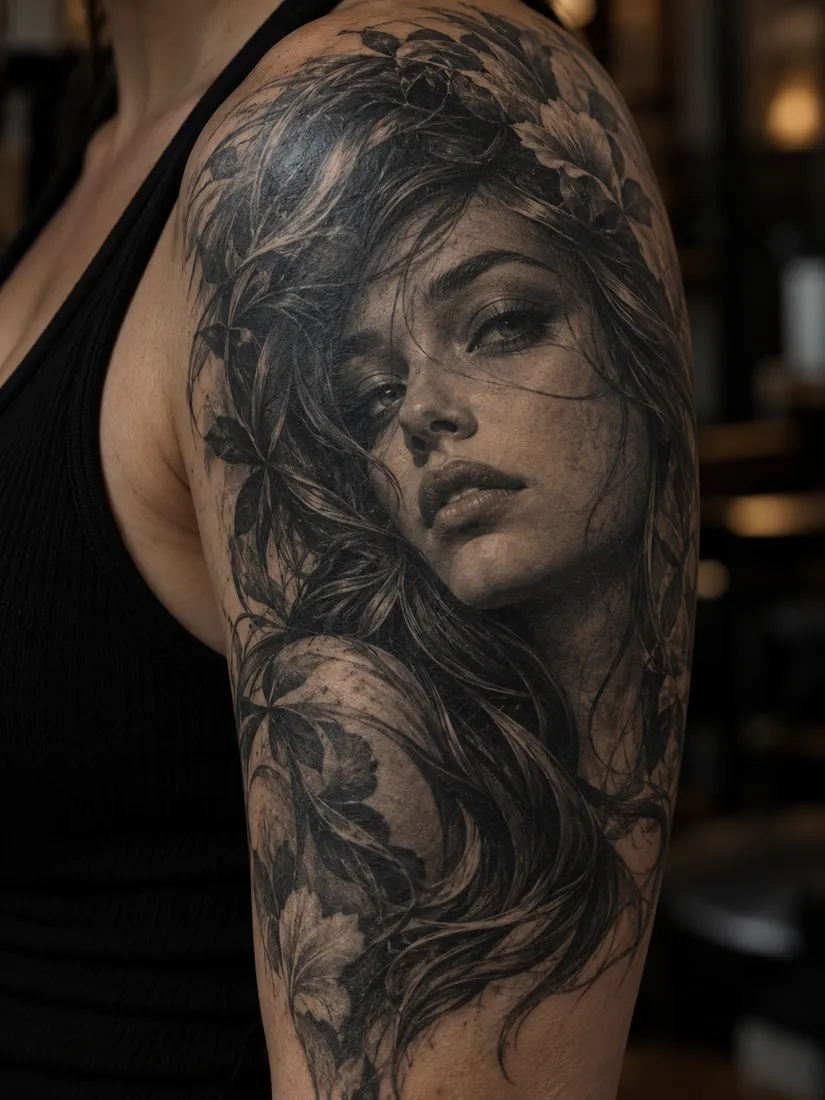 Healed black-and-grey realism portrait of a woman with flowing hair on an upper arm