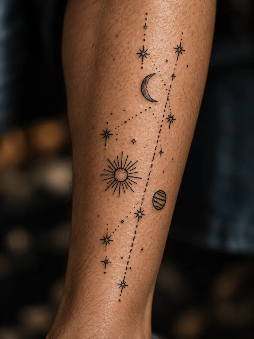 Healed fine-line stars, crescent moon, sun and a small planet running down a shin