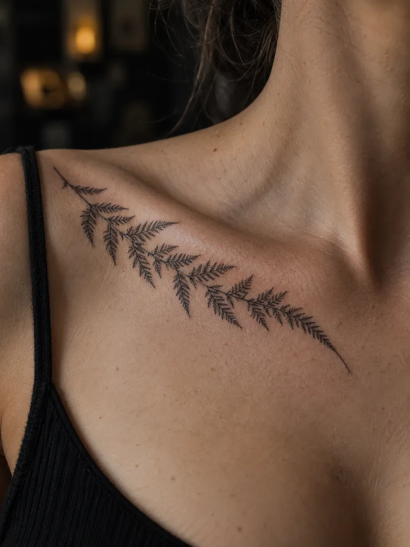 Healed single-needle fern sprig following a collarbone above a black vest strap