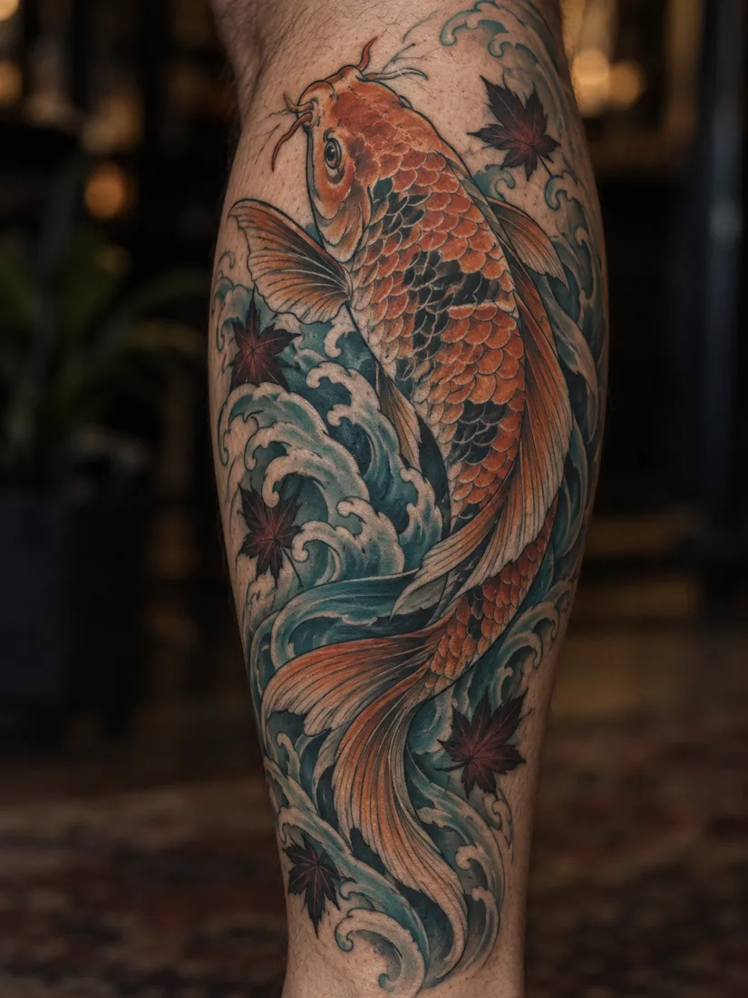 Healed illustrative koi in muted orange with teal water swirls on a calf