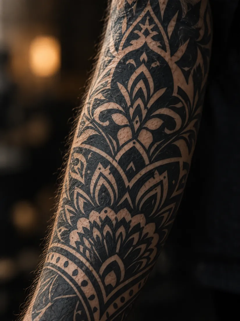 Heavy black ornamental blackwork sleeve running down a forearm