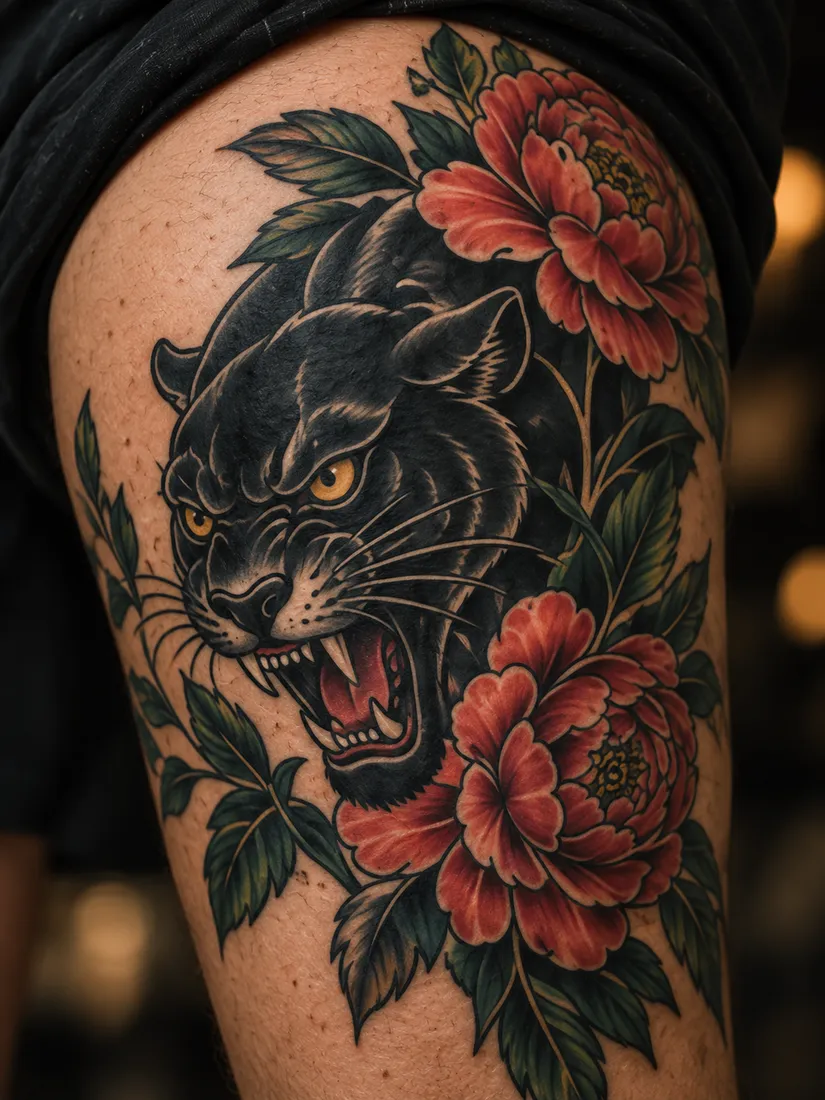 Healed neo-traditional black panther head among coral-red peonies on a thigh