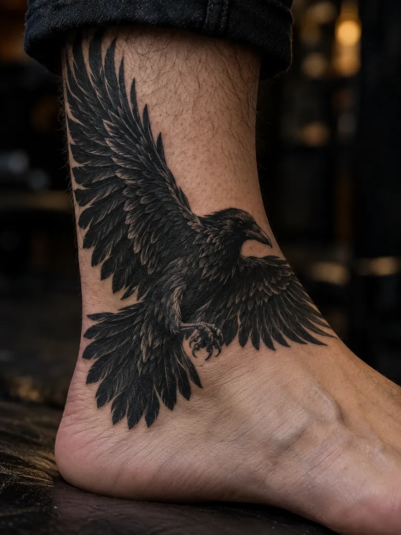 Healed solid black raven with spread wings covering older work on an inner ankle