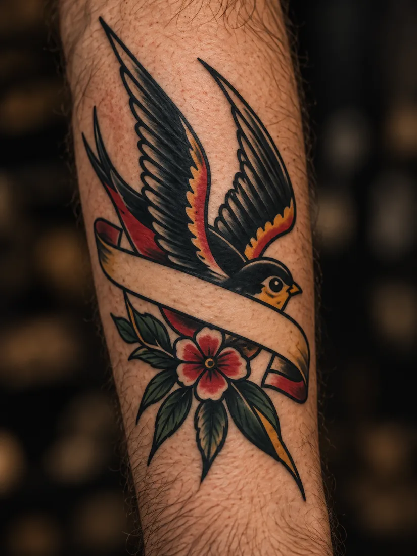 Healed traditional swallow above a blank ribbon banner and a red flower on an outer forearm