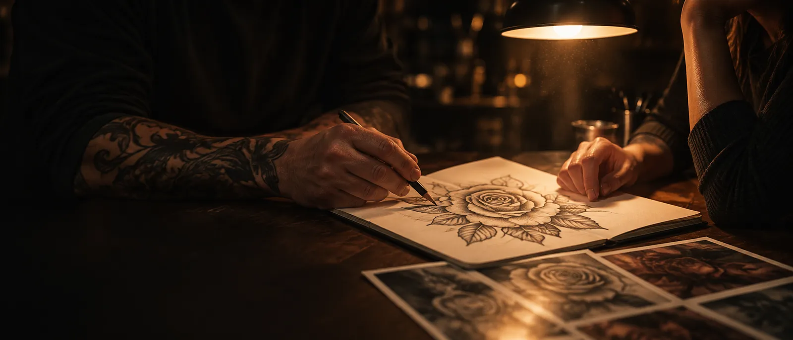 Two people at a lamp-lit studio table over a rose sketch and reference prints, faces out of frame