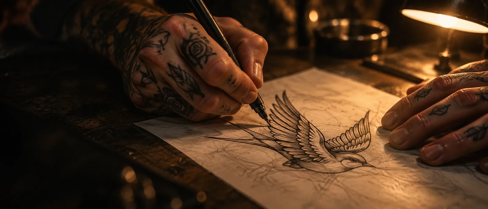 Tattooed hand inking a swallow over a pencil sketch on tracing paper under a desk lamp