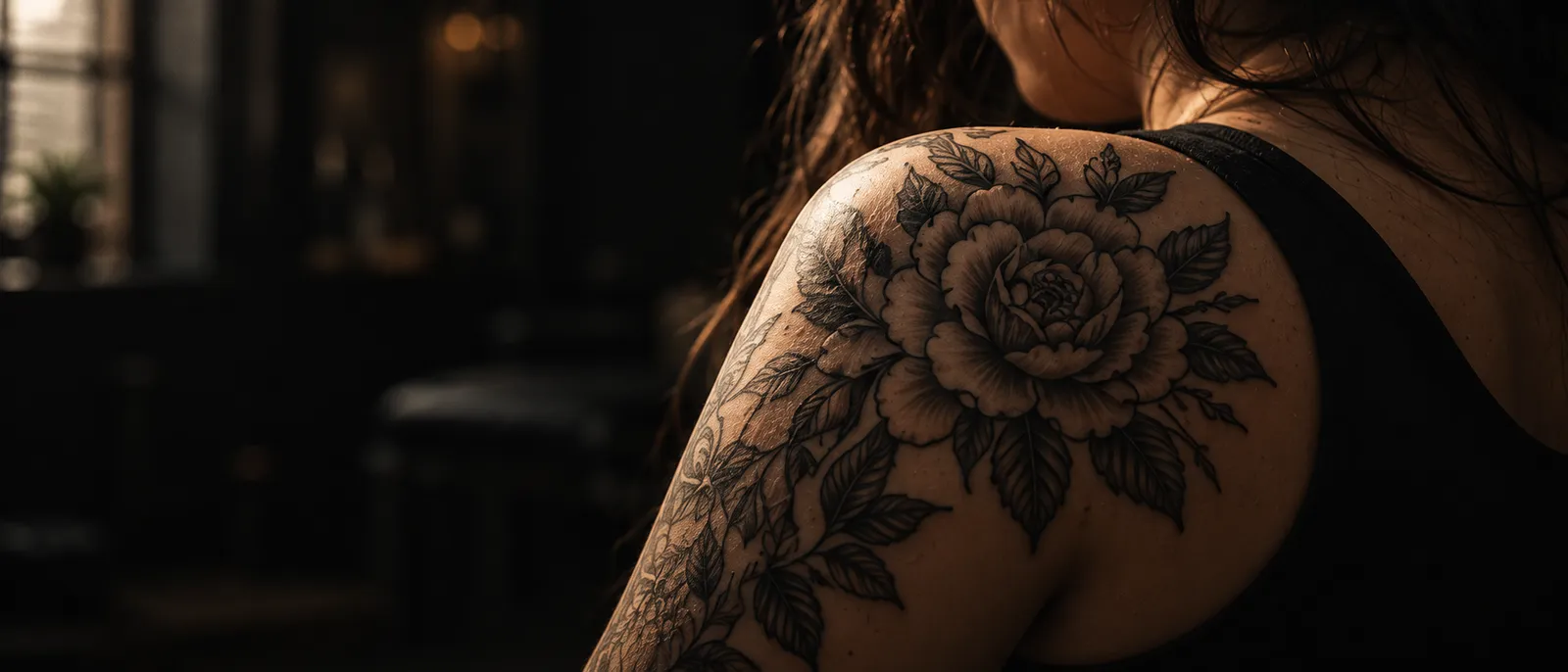 Healed black-and-grey peony across a woman's shoulder, turned away, in soft window light